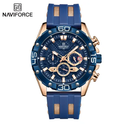 NAVIFORCE NF8019T Mens Watches TPU band Fashion Sport Quartz Watches Man Watch Chronograph Waterproof - Blue RoseGold